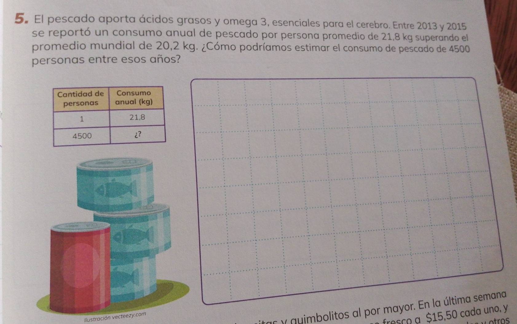 El pescado aporta ácidos grasos y omega 3, esenciales para el cerebro. Entre 2013 y 2015
se reportó un consumo anual de pescado por persona promedio de 21,8 kg superando el 
promedio mundial de 20,2 kg. ¿Cómo podríamos estimar el consumo de pescado de 4500
personas entre esos años? 
y quimbolitos al por mayor. En la última semana 
fresço a $15,50 cada uno, y 
Ilustración vecteezy.com 
otros