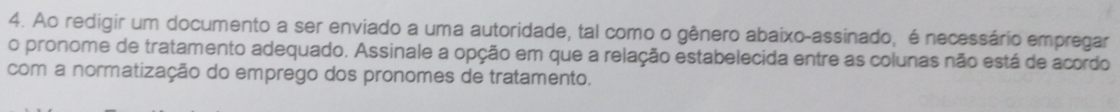 Ao redigir um documento a ser enviado a uma autoridade, tal como o gênero abaixo-assinado, é necessário empregar 
o pronome de tratamento adequado. Assinale a opção em que a relação estabelecida entre as colunas não está de acordo 
com a normatização do emprego dos pronomes de tratamento.