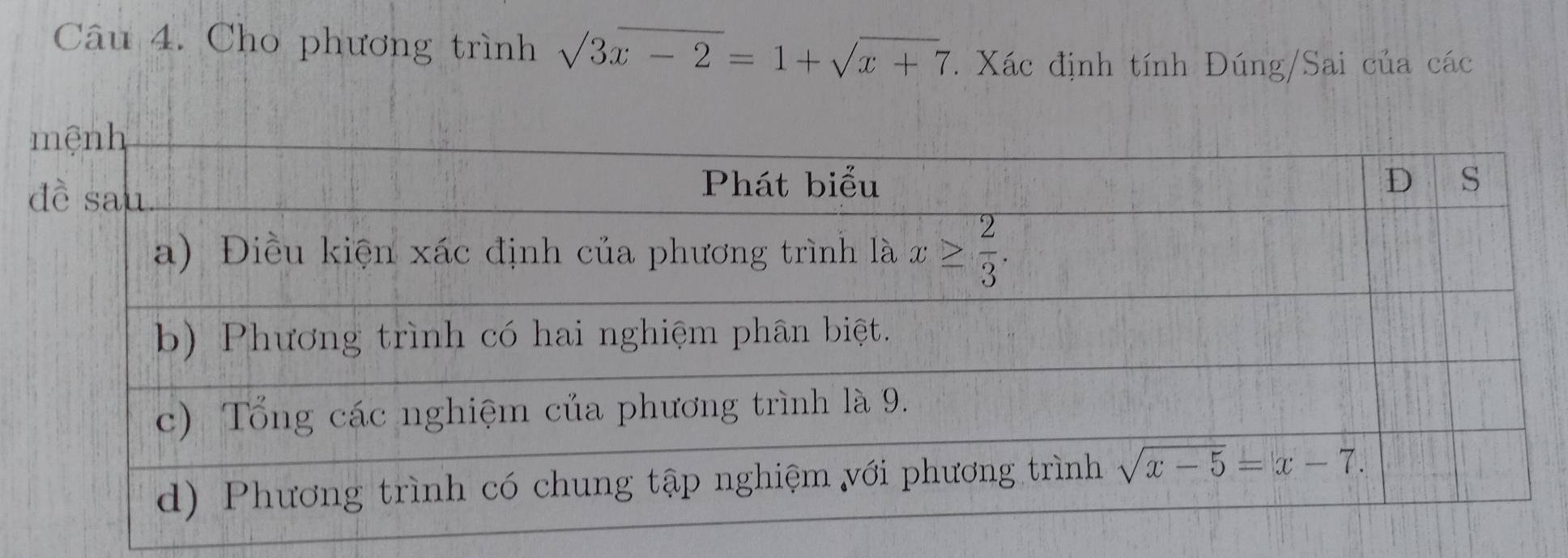 Cho phương trình sqrt(3x-2)=1+sqrt(x+7). Xác định tính Đúng/Sai của các