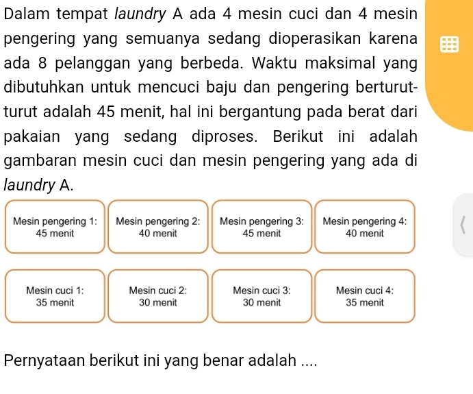 Dalam tempat laundry A ada 4 mesin cuci dan 4 mesin
pengering yang semuanya sedang dioperasikan karena
ada 8 pelanggan yang berbeda. Waktu maksimal yang
dibutuhkan untuk mencuci baju dan pengering berturut-
turut adalah 45 menit, hal ini bergantung pada berat dari
pakaian yang sedang diproses. Berikut ini adalah
gambaran mesin cuci dan mesin pengering yang ada di
laundry A.
Mesin pengering 1: Mesin pengering 2: Mesin pengering 3: Mesin pengering 4:
45 menit 40 menit 45 menit 40 menit
Mesin cuci 1: Mesin cuci 2: Mesin cuci 3: Mesin cuci 4:
35 menit 30 menit 30 menit 35 menit
Pernyataan berikut ini yang benar adalah ....