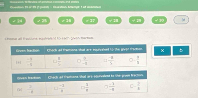 Question Attempt 1 of Unlimred
√ 24 ✔ 25 26 √ 27 √28 29 √30 31
Choose all fractions equivalent to each given fraction.
×