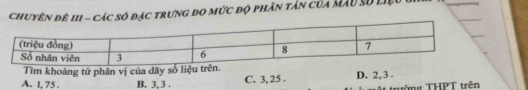 chuyên đê III - các số đạc trưng đo mức độ phân tản của màu số liệu
Tìm khoảng tứ phân vị của dãy số liệu
A. 1, 75. B. 3, 3. C. 3, 25. D. 2, 3.
tờng THPT trên