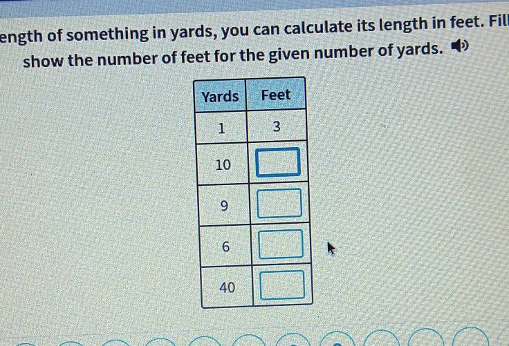 ength of something in yards, you can calculate its length in feet. Fill 
show the number of feet for the given number of yards.