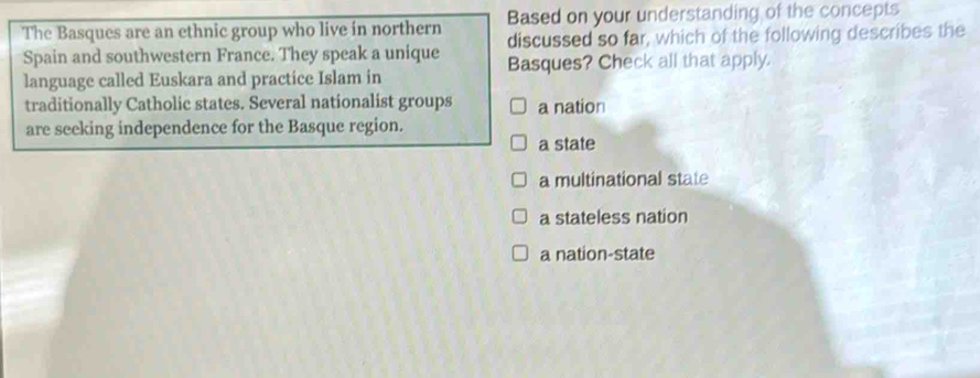 Solved: Based on your understanding of the concepts The Basques are an ...