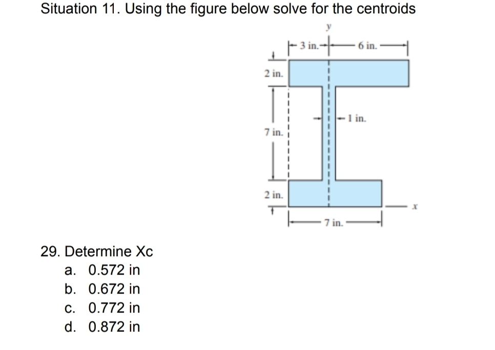 Situation 11. Using the figure below solve for the centroids
29. Determine Xc
a. 0.572 in
b. 0.672 in
c. 0.772 in
d. 0.872 in