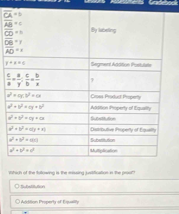 Which of the following is the missing justification in the proof?
Substitution
Addition Property of Equality