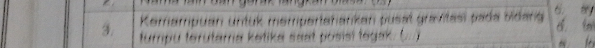 a ay 
3. 
Kemampuan untuk mempertahankan pusat gravitasī pada bidang d b 
tumpu terutama ketika saat posisi tegak. (...)