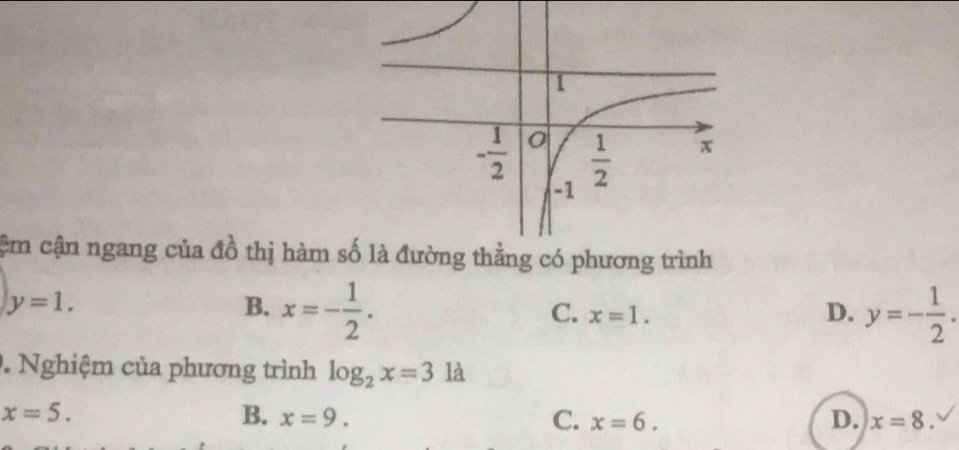 cậm cận ngang của đồ thị hàm scó phương trình
y=1.
B. x=- 1/2 . y=- 1/2 .
C. x=1. D.
. Nghiệm của phương trình log _2x=3 là
x=5.
B. x=9. C. x=6. D. x=8.