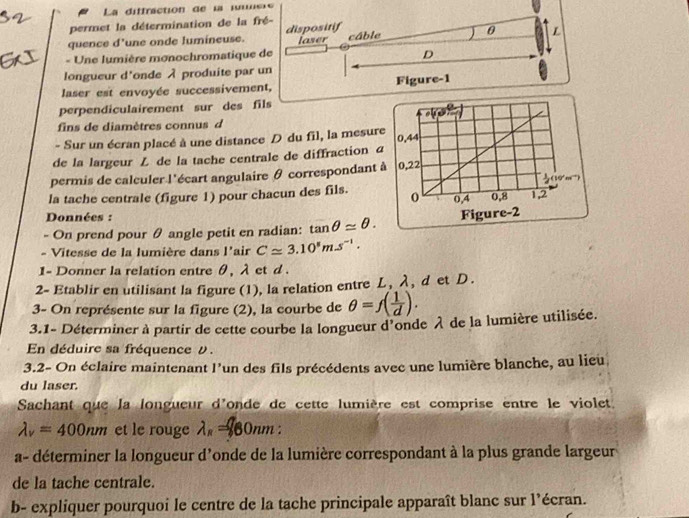 La diffraction de la inci 
permet la détermination de la fré- 
quence d'une onde lumineuse. dispositif 
- Une lumière monochromatique de laser câble ) θ L 
D 
longueur d'onde À produite par un 
laser est envoyée successivement, Figure-1 
perpendiculairement sur des fils 
fins de diamètres connus d 
- Sur un écran placé à une distance D du fil, la mesur 
de la largeur L de la tache centrale de diffraction a 
permis de calculer l'écart angulaire θ correspondant 
la tache centrale (figure 1) pour chacun des fils. 
Données : 
- On prend pour θ angle petit en radian: tan θ approx θ. 
- Vitesse de la lumière dans l'air Capprox 3.10^5ms^(-1). 
1- Donner la relation entre θ, λ et d. 
2- Etablir en utilisant la figure (1), la relation entre L, λ, d et D. 
3- On représente sur la figure (2), la courbe de θ =f( 1/d ). 
3.1- Déterminer à partir de cette courbe la longueur d'onde λ de la lumière utilisée. 
En déduire sa fréquence #. 
3.2- On éclaire maintenant l’un des fils précédents avec une lumière blanche, au lieu 
du laser. 
Sachant que la longueur d'onde de cette lumière est comprise entre le violet,
lambda _v=400nm et le rouge lambda _R= 60nm : 
a- déterminer la longueur d'onde de la lumière correspondant à la plus grande largeur 
de la tache centrale. 
b- expliquer pourquoi le centre de la tache principale apparaît blanc sur l’écran.