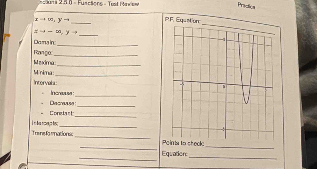 ctions 2.5.0 - Functions - Test Review 
Practice 
_
x → ∞, y - 
P.F. Equation: 
_
xto -∈fty , ν → 
Domain: 
_ 
Range:_ 
_ 
Maxima: 
Minima; 
_ 
Intervals: 
Increase:_ 
Decrease:_ 
_ 
Constant: 
Intercepts:_ 
_ 
Transformations: 
__ 
Points to check: 
_ 
_ 
Equation: