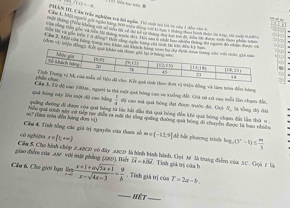 limlimits _xto -3f(x)=-6. ,(x) liên tục trên R
PHẢN III. Câu trắc nghiệm trả lời ngắn. Thí sinh trả lời từ câu 1 đến câu 6
Mã đễ thị
S
1
Cầu 1. Một người gửi ngân hàng 900 triệu đồng với kỉ hạn 1 tháng theo hình thức lãi kép, lãi suất 0,68%
một tháng (Nếu không rút số tiền lãi về thì kể từ tháng thứ hai trở đi, tiền lãi được tính theo phần trăm
o
o
của tổng tiền gốc và tiền lãi tháng trước đó). Hỏi sau ít nhất bao nhiêu tháng thi người đó nhận được cả D )
liên lãi và gốc trên 1 tỉ đồng? Biết rằng ngân hàng chi tính lãi khi đến kỳ
Câu 2. Một cửa hàng trang sức khảo sát kh
(đơn vị: triệu đồng). 
ơn vị triệu đồng và làm tròn đến hàng
3. Từ độ cao 100m , người ta thả một quả bóng cao su xuống đất. Giả sữ cứ sau mỗi lần chạm đất,
quả bóng nảy lên một độ cao bằng  1/4  độ cao mà quả bóng đạt được trước đó. Gọi S_n là tổng độ dài
quãng đường đi được của quả bóng từ lúc bắt đầu thả quả bóng đến khi quả bóng chạm đất lần thứ n .
m? (làm tròn đến hàng đơn vị)
Nếu quá trình này cứ tiếp tục diễn ra mãi thì tổng quãng đường quả bóng di chuyển được là bao nhiêu
Câu 4. Tính tổng các giá trị nguyên của tham số m∈ (-12;9] để bất phương trình log _2(5^x-1)≤  m/3 
có nghiệm x∈ [1;+∈fty )
giao điểm của AM với mặt phẳng (SBD). Biết Câu 5. Cho hình chóp S.ABCD có đáy ABCD là hình bình hành. Gọi M là trung điểm của SC. Gọi / là
vector IA=bvector IM. Tính giá trị của b
Câu 6. Cho giới hạn limlimits _xto 3 (x+1+asqrt(5x+1))/x-sqrt(4x-3) = 9/b . Tính giá trị của T=2a-b.
_Hét_