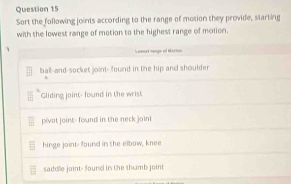 Sort the following joints according to the range of motion they provide, starting 
with the lowest range of motion to the highest range of motion. 
Lowmst range of Mution 
ball-and-socket joint- found in the hip and shoulder 
Gliding joint- found in the wrist 
pivot joint- found in the neck joint 
hinge joint- found in the elbow, knee 
saddle joint- found in the thumb joint