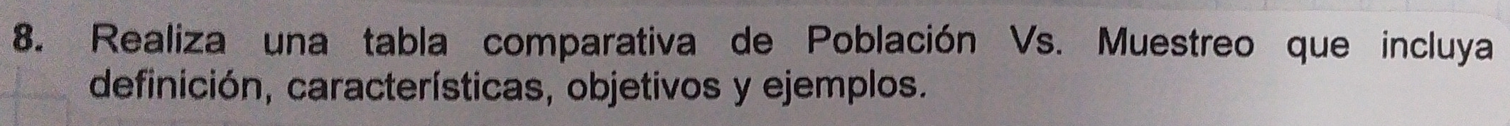 Realiza una tabla comparativa de Población Vs. Muestreo que incluya 
definición, características, objetivos y ejemplos.