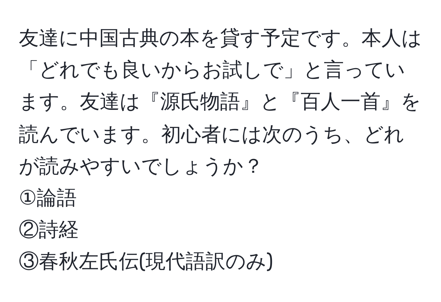 友達に中国古典の本を貸す予定です。本人は「どれでも良いからお試しで」と言っています。友達は『源氏物語』と『百人一首』を読んでいます。初心者には次のうち、どれが読みやすいでしょうか？  
①論語  
②詩経  
③春秋左氏伝(現代語訳のみ)