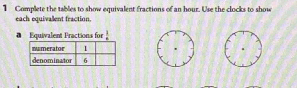 Complete the tables to show equivalent fractions of an hour. Use the clocks to show 
each equivalent fraction. 
a Equivalent Fractions for  1/6 