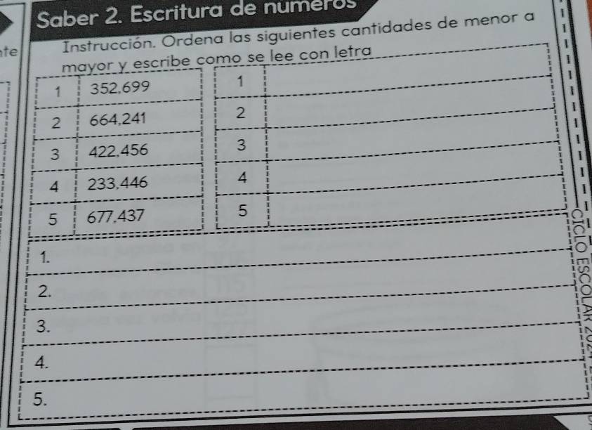 Saber 2. Escritura de numeros 
1 
Instrucción. Ordena las siguientes cantidades de menor a 
mayor y escribe como se lee con letra 
1 
1
1 352,699 1 
1 
2 664,241 2 
3 422,456 3 
4 233,446 4 
5 677,437 5 
1. 
2. 
3. 
4. 
5.