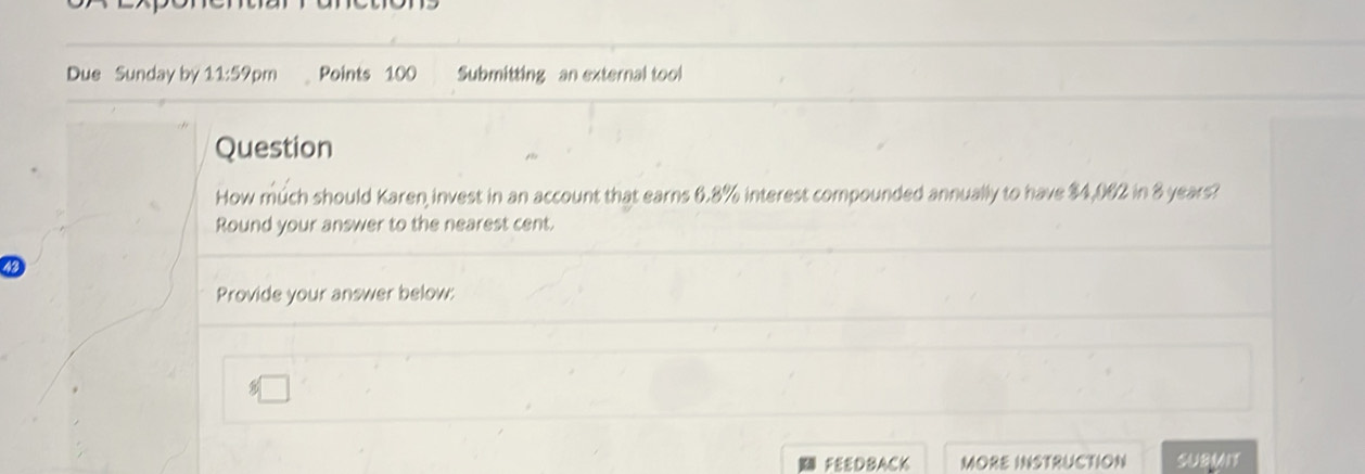 Solved: Due Sunday by 11:59pm Points 100 Submitting an external tool ...