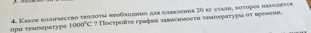 Κаκое κолнνеcτbo τеιлοτιi неοбходнмο дя плавления 20 κΓ сτали, κοτορος иахолντςя 
прн температуре 1000^0C ? Πострοйτе график зависимосτи τемперατуры οτ времеии.