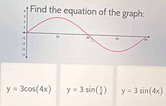 Find
y=3cos (4x) y=3sin ( x/4 ) y=3sin (4x)