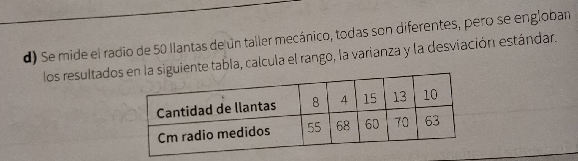 Se mide el radio de 50 llantas de un taller mecánico, todas son diferentes, pero se engloban 
los resultadosnte tabla, calcula el rango, la varianza y la desviación estándar.