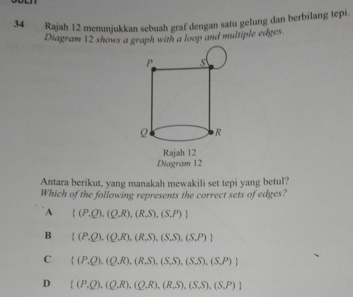 Rajah 12 menunjukkan sebuah graf dengan satu gelung dan berbilang tepi.
Diagram 12 shows a graph with a loop and multiple edges.
Rajah 12
Diagram 12
Antara berikut, yang manakah mewakili set tepi yang betul?
Which of the following represents the correct sets of edges?
A  (P,Q),(Q,R),(R,S),(S,P)
B  (P,Q),(Q,R),(R,S),(S,S),(S,P)
C  (P,Q),(Q,R),(R,S),(S,S),(S,S),(S,P)
D  (P,Q),(Q,R),(Q,R),(R,S),(S,S),(S,P)