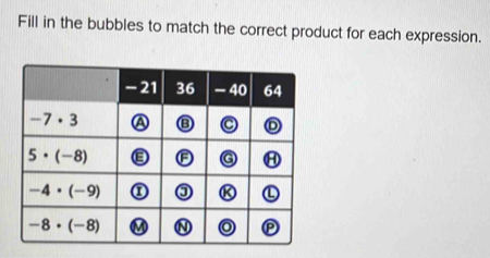 Fill in the bubbles to match the correct product for each expression.