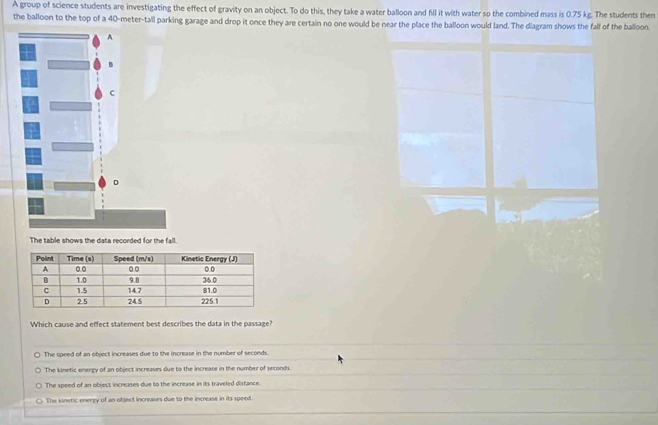 A group of science students are investigating the effect of gravity on an object. To do this, they take a water balloon and fll it with water so the combined mass is 0.75 kg. The students then
the balloon to the top of a 40-meter-tall parking garage and drop it once they are certain no one would be near the place the balloon would land. The diagram shows the fall of the balloon.
A
B
C
The table shows the data recorded for the fall.
Which cause and effect statement best describes the data in the passage?
The speed of an object increases due to the increase in the number of seconds
The kinetic energy of an object increases due to the increase in the number of seconds.
The speed of an object increases due to the increase in its traveled distance.
The kinetic energy of an object increases due to the increase in its speed.