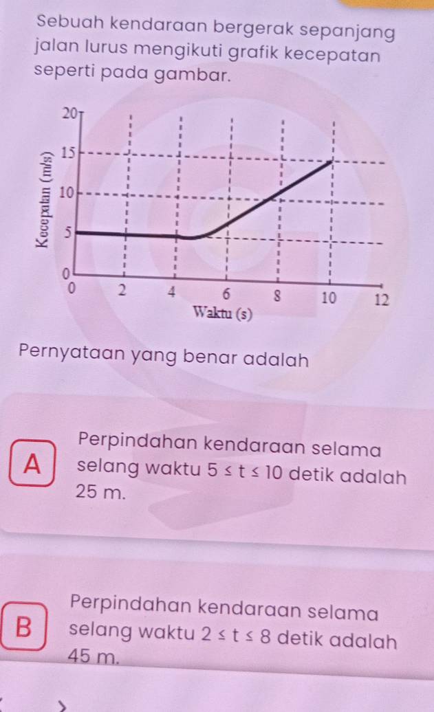 Sebuah kendaraan bergerak sepanjang
jalan lurus mengikuti grafik kecepatan
seperti pada gambar.
Pernyataan yang benar adalah
Perpindahan kendaraan selama
A selang waktu 5≤ t≤ 10 detik adalah
25 m.
Perpindahan kendaraan selama
B selang waktu 2≤ t≤ 8 detik adalah
45 m.