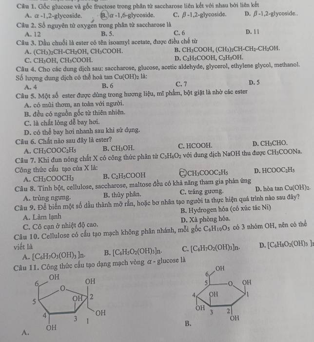 Gốc glucose và gốc fructose trong phân tử saccharose liên kết với nhau bởi liên kết
A. alpha -1,2-glyco side. B. alpha -1,6-gly coside. C. beta -1,2-g1 lycoside. D. beta -1,2-g1 ycoside.
Câu 2. Số nguyên tử oxygen trong phân tử saccharose là
A. 12 B. 5. C. 6
D. 1 l
Câu 3. Dầu chuối là ester có tên isoamyl acetate, được điều chế từ
A. (CH_3)_2CH-CH_2OH,CH_3COOH.
B. CH_3COOH,(CH_3)_2CH-CH_2-CH_2OH.
C, CH_3OH,CH_3COOH.
D. C_2H_5COOH,C_2H_5OH.
Câu 4. Cho các dung dịch sau: saccharose, glucose, acetic aldehyde, glycerol, ethylene glycol, methanol.
Số lượng dung dịch có thể hoà tan Cu(OH)_2 là: D. 5
A. 4 B. 6 C. 7
Câu 5. Một số ester được dùng trong hương liệu, mĩ phẩm, bột giặt là nhờ các ester
A. có mùi thơm, an toàn với người.
B. đều có nguồn gốc từ thiên nhiên.
C. là chất lỏng dễ bay hơi.
D. có thể bay hơi nhanh sau khi sử dụng.
Câu 6. Chất nào sau đây là ester?
A. CH_3COOC_2H_5 B. CH_3OH. C. HCOOH. D. CH₃CHO.
Câu 7. Khi đun nóng chất X có công thức phân tử C_3H_6O_2 với dung dịch NaOH thu được CH_3C OONa.
Công thức cấu tạo của X là:
A. CH_3COOCH_3 B. C_2H_5COOH C CH_3COOC_2H_5 D. HCOOC_2H_5
Câu 8. Tinh bột, cellulose, saccharose, maltose đều có khả năng tham gia phản ứng
A. trùng ngưng. B. thùy phân. C. tráng gương. D. hòa tan Cu(OH)_2.
Câu 9. Để biến một số dầu thành mỡ rắn, hoặc bơ nhân tạo người ta thực hiện quá trình nào sau đây?
A. Làm lạnh B. Hydrogen hóa (có xúc tác Ni)
C. Cô cạn ở nhiệt độ cao. D. Xà phòng hóa.
Câu 10. Cellulose có cấu tạo mạch không phân nhánh, mỗi gốc C_6H_10O_5 có 3 nhóm OH, nên có thể
viết là D. [C_6H_8O_2(OH)_3]
A. [C_6H_7O_3(OH)_3]n. B. [C_6H_5O_2(OH)_3]n. C. [C_6H_7O_2(OH)_3]n.
Câu 11. Công thức cầu tạo dạng mạch vòng α - glucose là