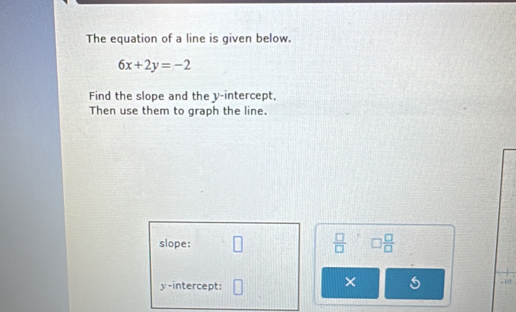 Solved: The equation of a line is given below. 6x+2y=-2 Find the slope ...