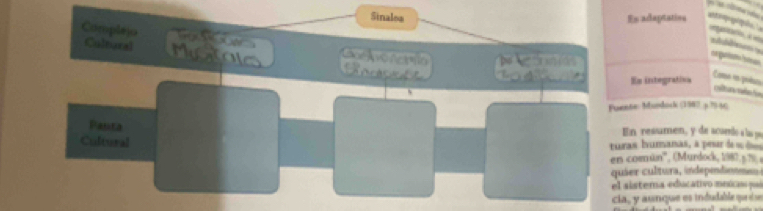 Sinales Es adaptatios 
dn 
Complejo Goe Avo nemílo Te á nías 
Cultural Matlo Racaç 
Es integrafiva 
Case en poèus 
Fuente: Murdock (1987 3 79 46
Panta 
En ressumen, y de acarrto aspa 
Cultural 
turas humanas, a peur d « 
en común''', (Murdock, 1987, 5.79
quier cultura, independome 
el sistema educativo meic p 
cia, y aunque es indudable qeèse