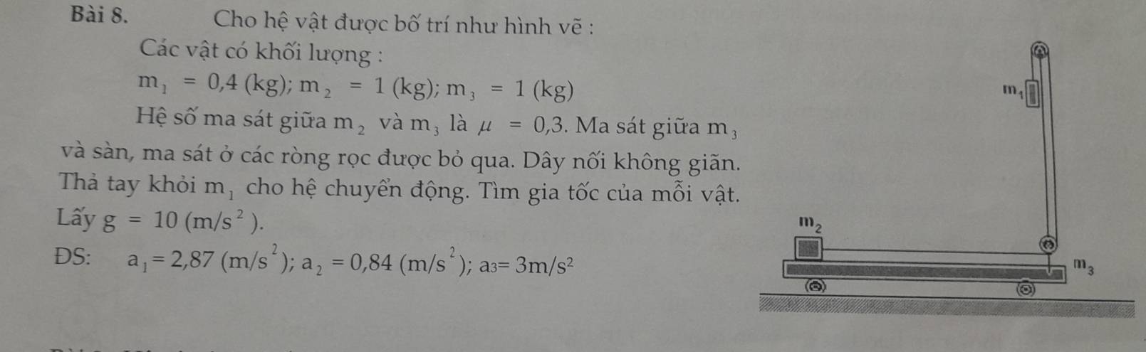 Cho hệ vật được bố trí như hình vẽ :
Các vật có khối lượng :
m_1=0,4(kg);m_2=1(kg);m_3=1(kg)
Hệ số ma sát giữa m_2 và m_3 là mu =0,3.  Ma sát giữa m3
và sàn, ma sát ở các ròng rọc được bỏ qua. Dây nối không giãn
Thả tay khỏi :  mộ cho hệ chuyển động. Tìm gia tốc của mỗi vật
Lấy g=10(m/s^2).
DS: a_1=2,87(m/s^2);a_2=0,84(m/s^2);a_3=3m/s^2