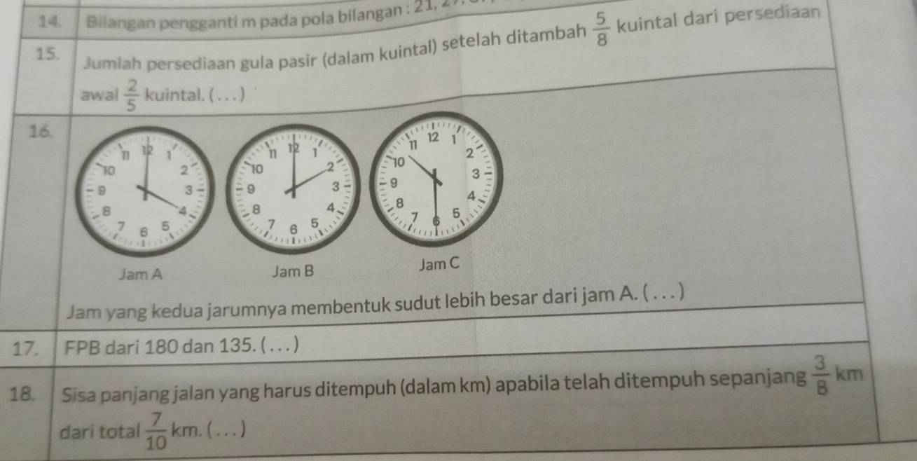 Bilangan pengganti m pada pola bilangan ; 21, 2
15. 
Jumiah persediaan gula pasir (dalam kuintal) setelah ditambah  5/8  kuintal dari persediaan 
awal  2/5  kuintal. ( . . . ) 
16.
12 1
n 12 1
~ 10 2 10 2.
-9
3 9
3
` 4 8 4.
7
7 6 5 6 5
1
1
Jam A Jam B Jam C 
Jam yang kedua jarumnya membentuk sudut lebih besar dari jam A. ( . . . ) 
17. FPB dari 180 dan 135. ( . . . ) 
18. Sisa panjang jalan yang harus ditempuh (dalam km) apabila telah ditempuh sepanjang  3/8  km
d= □ /□  
dari total  7/10 i km. ( . . . )