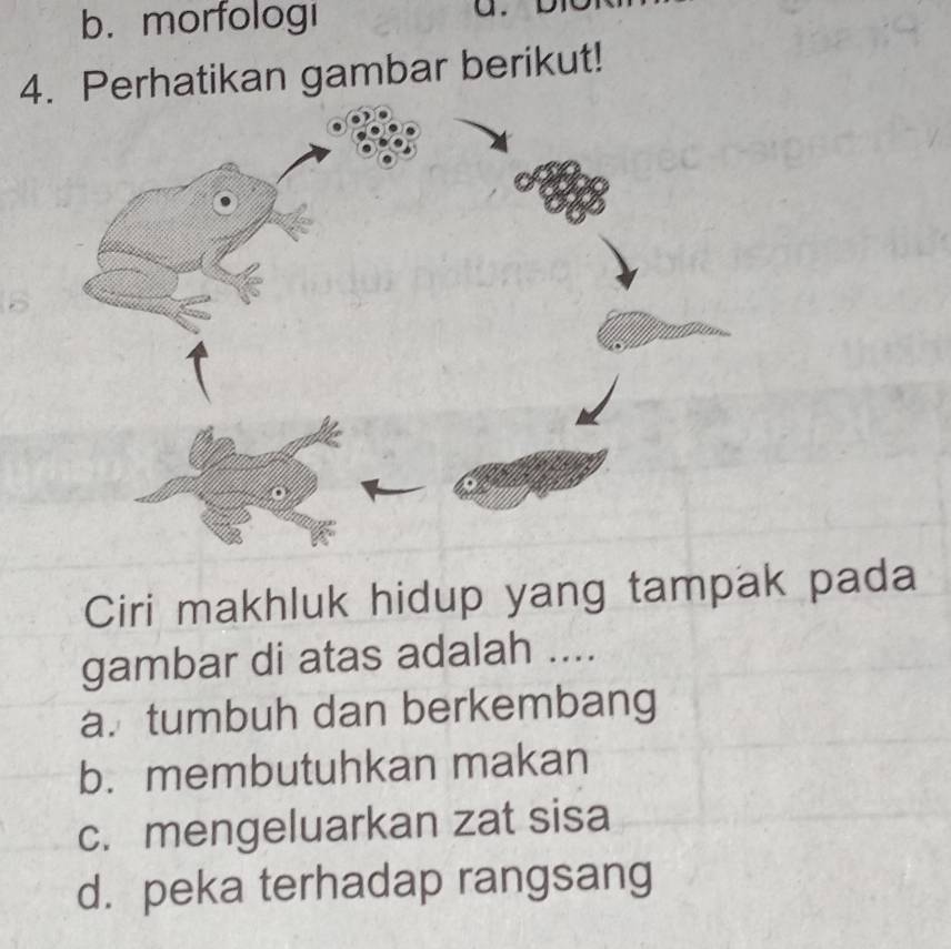 b. morfologi
a.
4. Perhatikan gambar berikut!
Ciri makhluk hidup yang tampak pada
gambar di atas adalah ....
a. tumbuh dan berkembang
b. membutuhkan makan
c. mengeluarkan zat sisa
d. peka terhadap rangsang