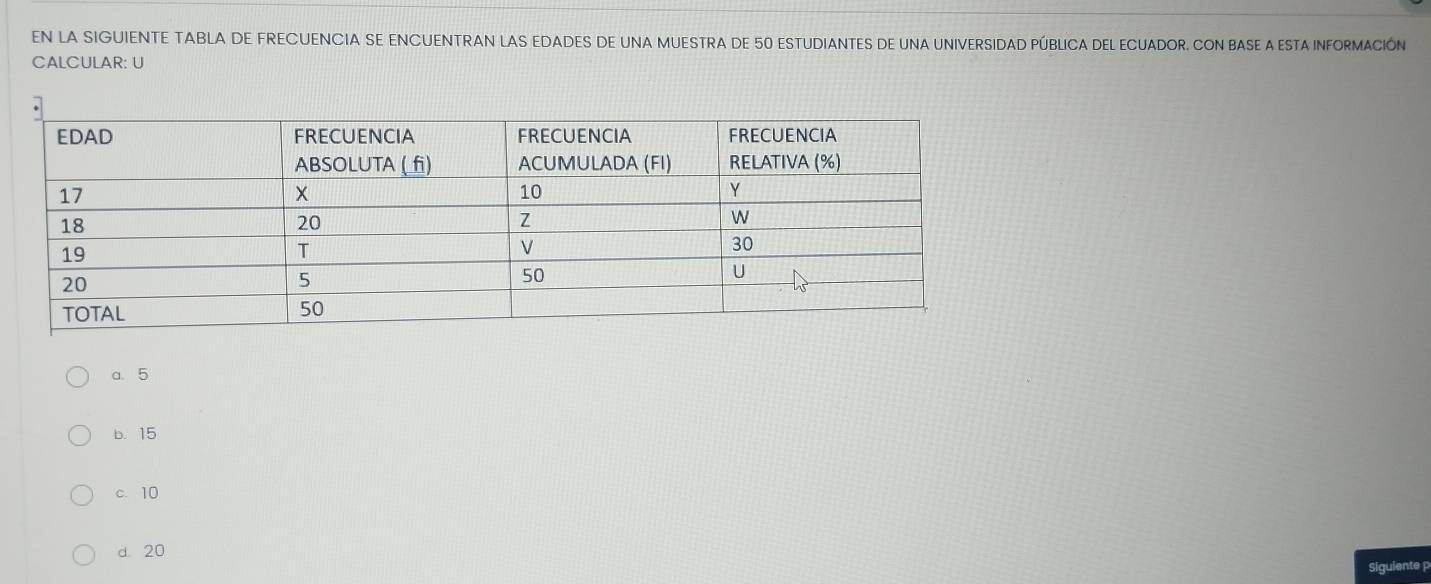 EN LA SIGUIENTE TABLA DE FRECUENCIA SE ENCUENTRAN LAS EDADES DE UNA MUESTRA DE 50 ESTUDIANTES DE UNA UNIVERSIDAD PÚBLICA DEL ECUADOR. CON BASE A ESTA INFORMACIÓN
CALCULAR: U
a. 5
b. 15
c. 10
d. 20
Siguiente p