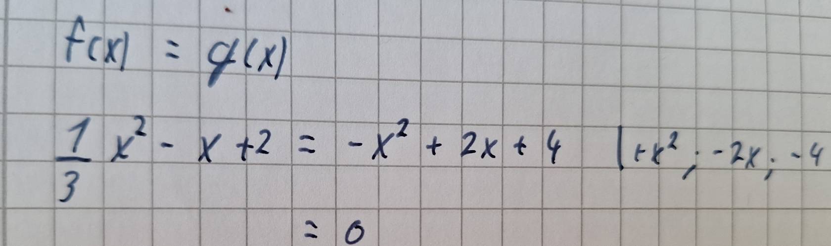 f(x)=g(x)
 1/3 x^2-x+2=-x^2+2x+41+x^2;-2x;-4
=0