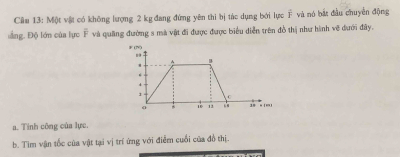 Một vật có không lượng 2 kgđang đứng yên thì bị tác dụng bởi lực vector F và nó bắt đầu chuyển động 
lắng. Độ lớn của lực overline F và quãng đường s mà vật đi được được biểu diễn trên đồ thị như hình vẽ dưới đây. 
a. Tính công của lực. 
b. Tìm vận tốc của vật tại vị trí ứng với điểm cuối của đồ thị.