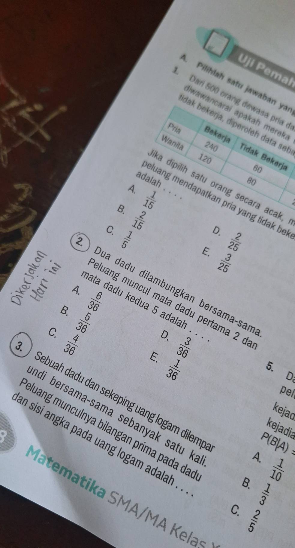 Uji Pemal
. Pilihlah satu jawaban ya
Dari 500 orang dewasa pría o
wawancarai apakah mereka
dak bekerja, diperoleh data set
Pria Bekerja
Wanita 240 Tidak Bekerja
120
60
80
adalah . . .
ka dipilih satu orang secara acak,
A.  1/15 
eluang mendapatkan pria yang tidak bel
B.  2/15 
C. Geta ||)^circ 
D.  2/25 
E.  3/25 
) Dua dadu dilambungkan bersama-sam
A.  6/36 
eluang muncul mata dadu pertama 2 dá
nata dadu kedua 5 adalah . . .
B.  5/36 
C.  4/36 
D.  3/36 
E.  1/36 
5. D
pel
Sebuah dadu dan sekeping uang logam dilemp
kejad
ndi bersama-sama sebanyak satu ka  1/3 
eluang munculnya bilangan prima pada da
kejadia
P(B|A)=
an sisi angka pada uang logam adalah . .
A.
B.  1/10 
Matematika SMA/MA Kelas
C.  2/5 