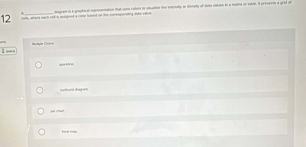 A diagram is a graphical representation that uses colors to visualize the intensity or density of data values in a matrix or table. It presents a grid of
12 cells, where each cell is assigned a color based on the corresponding data value.
onts Multiple Choice
8 α0ι
sparkline.
sunburst diagram.
pie chart.
heat map.
