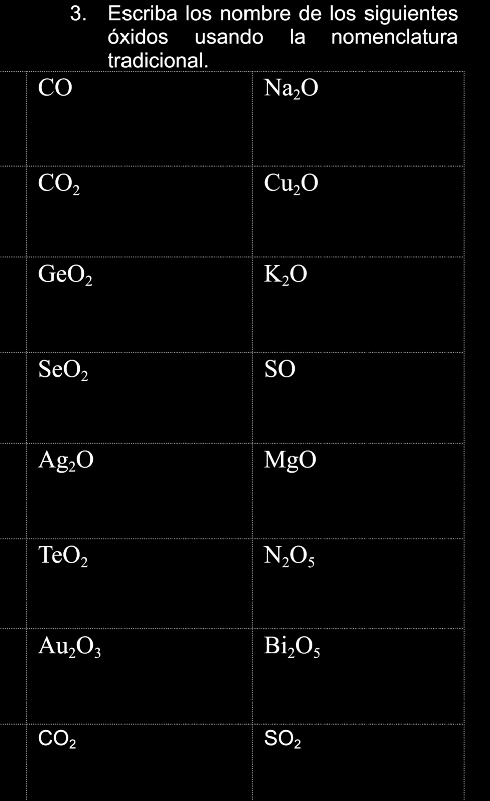 Escriba los nombre de los siguientes
óxidos usando la nomenclatura