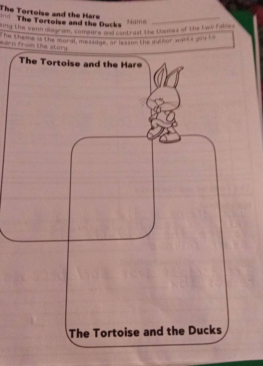 The Tortoise and the Hare 
nd The Tortoise and the Ducks_ 
Name 
sing the venn diagram, compare and contrast the themes of the two fables 
The theme is the moral, message, or lesson the guthor wants you to 
earn from the story