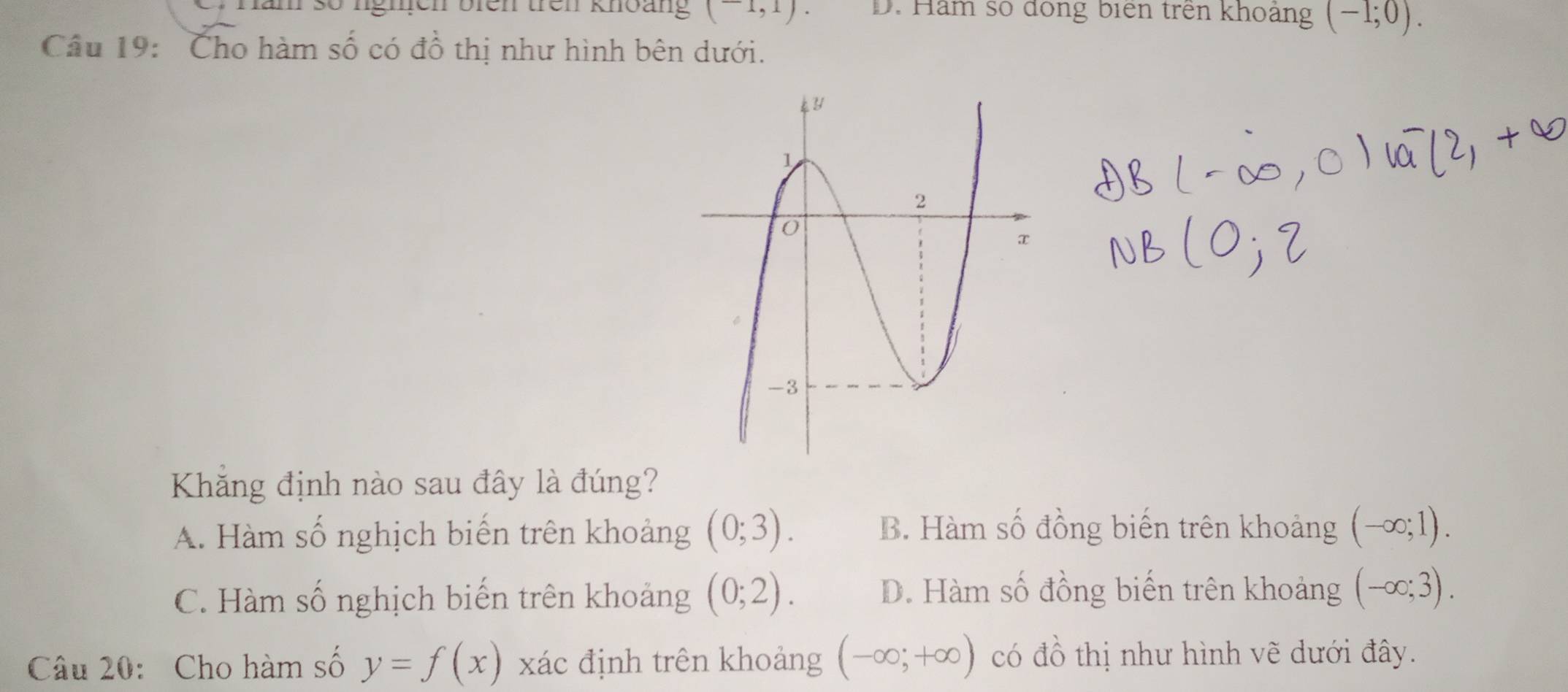 Jam số ngmen bien trên khoảng (-1,1). D. Hàm số đóng biên trên khoảng (-1;0). 
Câu 19: Cho hàm số có đồ thị như hình bên dưới.
Khăng định nào sau đây là đúng?
A. Hàm số nghịch biến trên khoảng (0;3). B. Hàm số đồng biến trên khoảng (-∈fty ;1).
C. Hàm số nghịch biến trên khoảng (0;2). D. Hàm số đồng biến trên khoảng (-∈fty ;3). 
Câu 20: Cho hàm số y=f(x) xác định trên khoảng (-∈fty ;+∈fty ) có đồ thị như hình vẽ dưới đây.