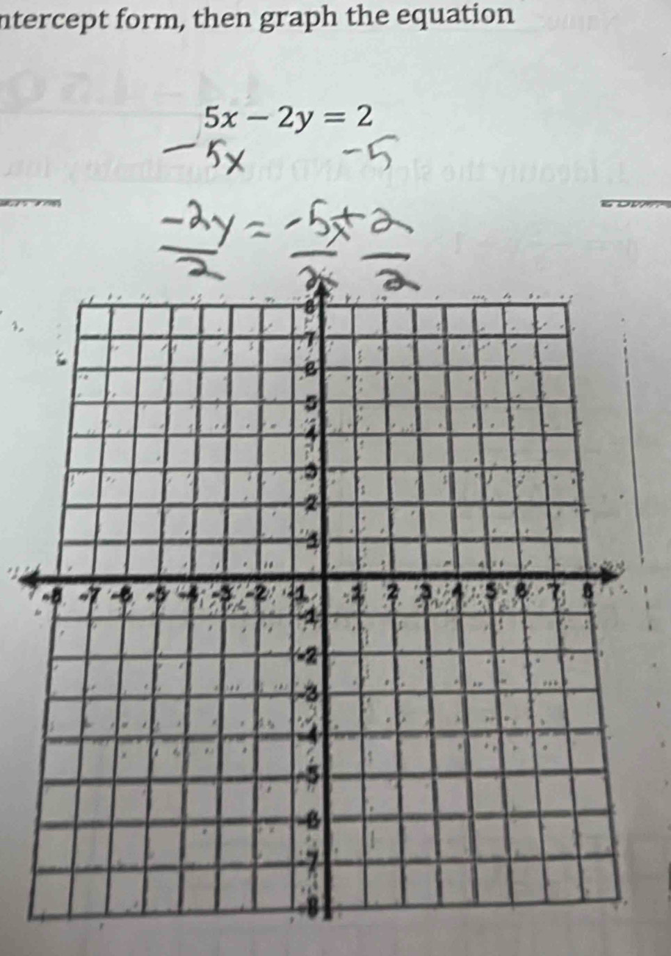 ntercept form, then graph the equation
5x-2y=2