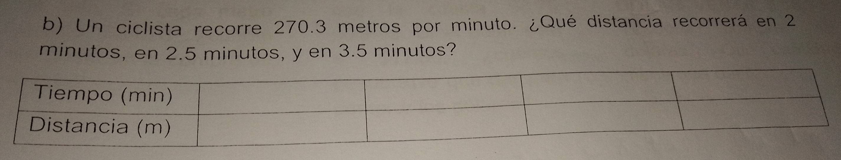 Un ciclista recorre 270.3 metros por minuto. ¿Qué distancía recorrerá en 2
minutos, en 2.5 minutos, y en 3.5 minutos?