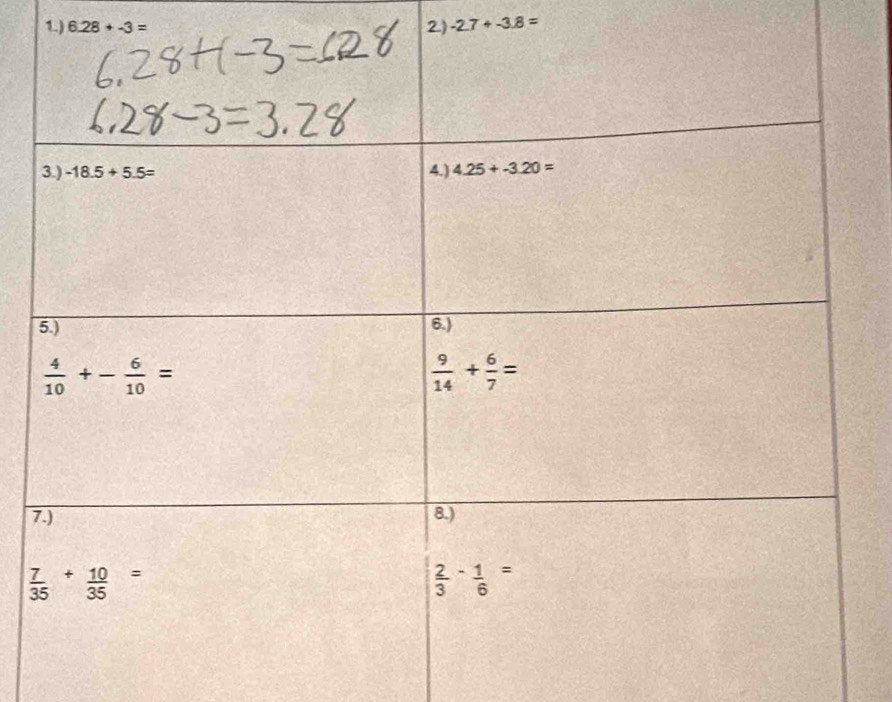 1.) 6.28+-3= 2) -2.7+-3.8=
7