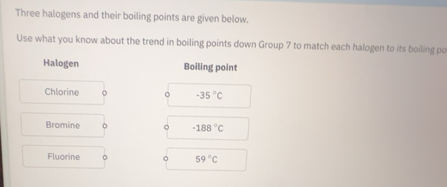 Solved: Three halogens and their boiling points are given below. Use ...