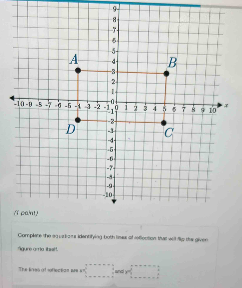 Complete the equations identifying both lines of reflection that will flip the given 
figure onto itself. 
The lines of reflection are x=□ and y=□