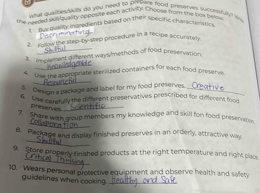 What qualities/skills do you need to prepare food preserves successfully? Wr 
the needed skill/quality opposite each activity. Choose from the box below, 
1. Buy quality ingredients based on their specific characteristics. 
_ 
2. Follow the step-by-step procedure in a recipe accurately. 
_ 
3. Implement different ways/methods of food preservation. 
_ 
4. Use the appropriate sterilized containers for each food preserve. 
5. Design a package and label for my food preserves._ 
6. Use carefully the different preservatives prescribed for different food 
preserves._ 
_ 
7. Share with group members my knowledge and skill fon food preservation. 
_ 
8. Package and display finished preserves in an orderly, attractive way. 
_ 
9. Store properly finished products at the right temperature and right place 
10. Wears personal protective equipment and observe health and safety 
guidelines when cooking._