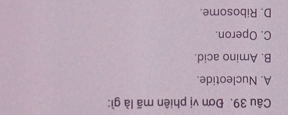 Đơn vị phiên mã là gì:
A. Nucleotide.
B. Amino acid.
C. Operon.
D. Ribosome.