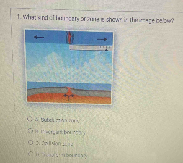 What kind of boundary or zone is shown in the image below?
A. Subduction zone
B. Divergent boundary
C. Collision zone
D. Transform boundary